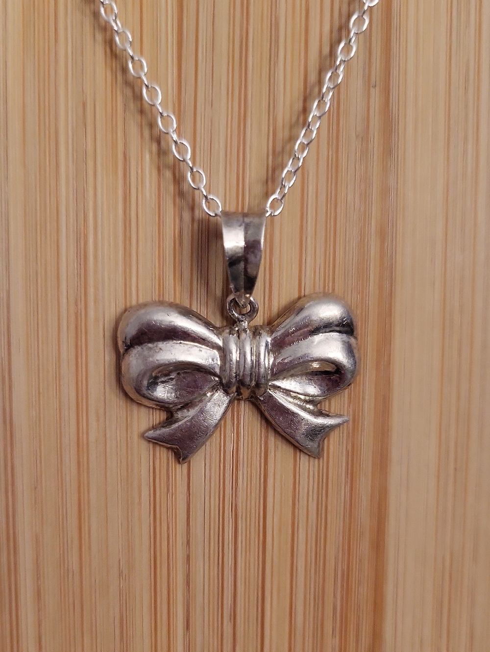 Vintage Sterling Silver Ribbon Bow Pendant Necklace